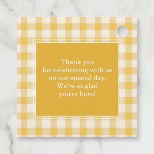 Geel Gingham Monogram Crest Custom Bedankjes Labels (Achterkant)