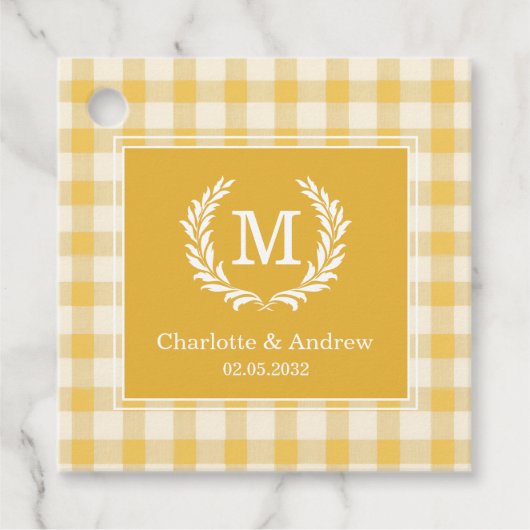 Geel Gingham Monogram Crest Custom Bedankjes Labels (Voorkant)