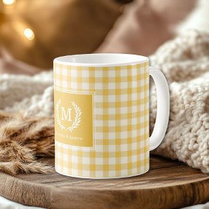 Geel Gingham Monogram Crest Custom Koffiemok
