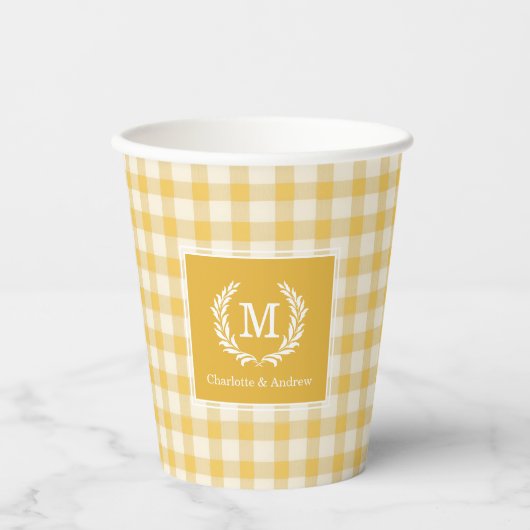 Geel Gingham Monogram Crest Custom Papieren Bekers (Voorkant)