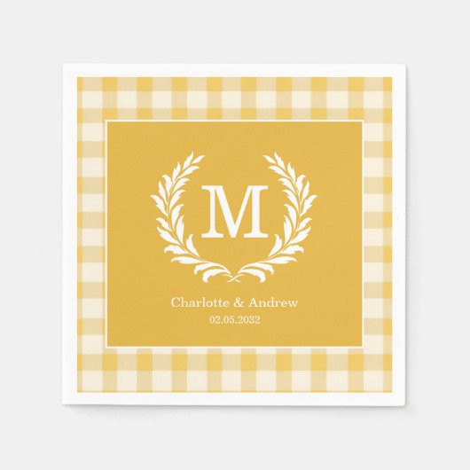Geel Gingham Monogram Crest Custom Servet (Voorkant)