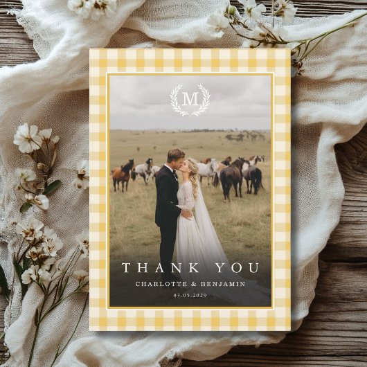 Geel Gingham Monogram Wapenschild 2 Foto Bedankkaart