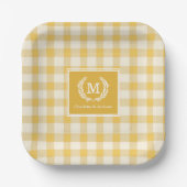 Geel Gingham Monogram Wapenschild Aangepast Papieren Bordje (Voorkant)