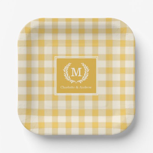 Geel Gingham Monogram Wapenschild Aangepast Papieren Bordje (Voorkant)