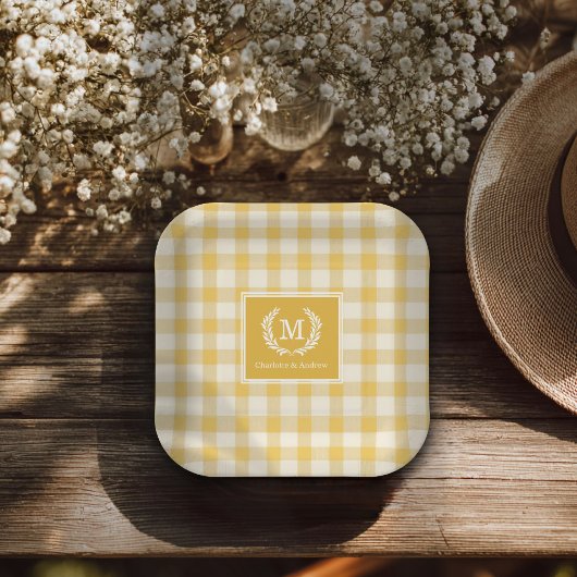 Geel Gingham Monogram Wapenschild Aangepast Papieren Bordje