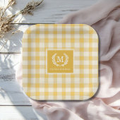 Geel Gingham Monogram Wapenschild Aangepast Papieren Bordje