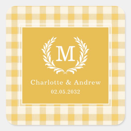 Geel Gingham Monogram Wapenschild Maatwerk Vierkante Sticker (Voorkant)