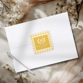 Geel Gingham Monogram Wapenschild Op Maat Vierkante Sticker