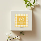 Geel Gingham Monogram Wapenschild Op Maat Vierkante Sticker