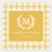 Geel Gingham Monogram Wapenschild Op Maat Vierkante Sticker (Voorkant)