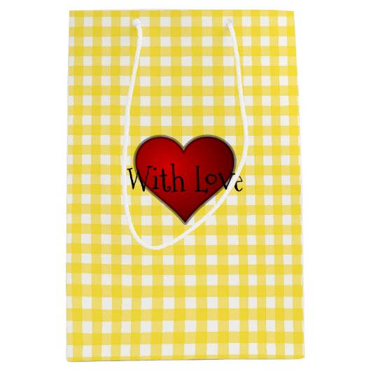 Geel Gingham Rood hart Met Liefde Medium Cadeauzakje (Voorkant)