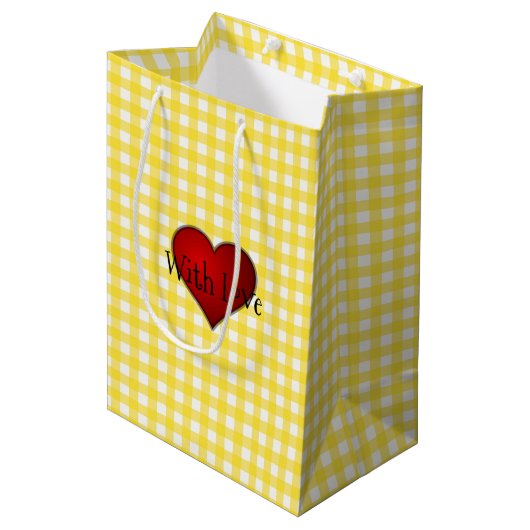 Geel Gingham Rood hart Met Liefde Medium Cadeauzakje (Voorkant Gekanteld)