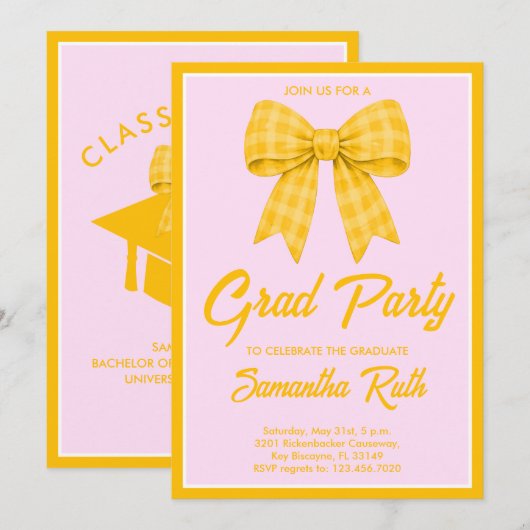 Geel Gingham Strik Diploma Feest Kaart (Voorkant / Achterkant)