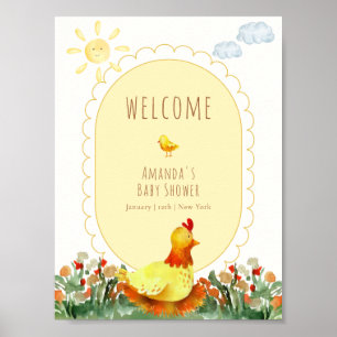 Geel Gingham Tuin Kip Baby Shower Welkom Poster