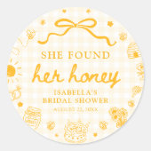 Geel Gingham Ze Heeft Haar Honing Bruiloft Feest Ronde Sticker (Voorkant)
