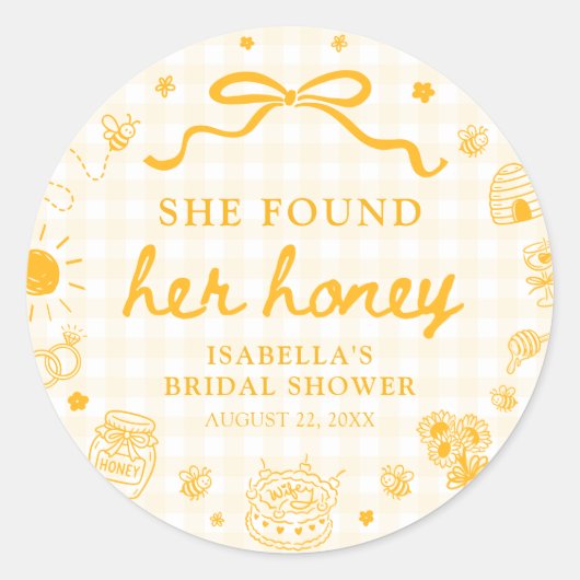 Geel Gingham Ze Heeft Haar Honing Bruiloft Feest Ronde Sticker (Voorkant)