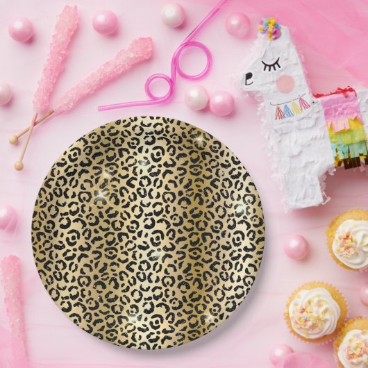 Geel Glam Goud Zwart Glitter Luipaard Papieren Bordje (Feest)
