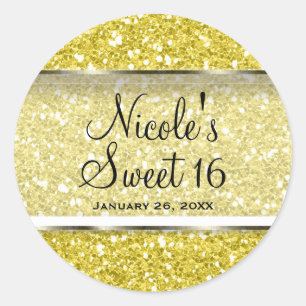 Geel Glitter Glam Sweet 16 Aangepast Feest Favorie Ronde Sticker