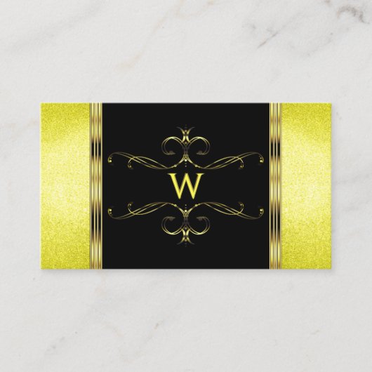 Geel Glitter Golden Ornamenten Black en Monogram Visitekaartje (Voorkant)