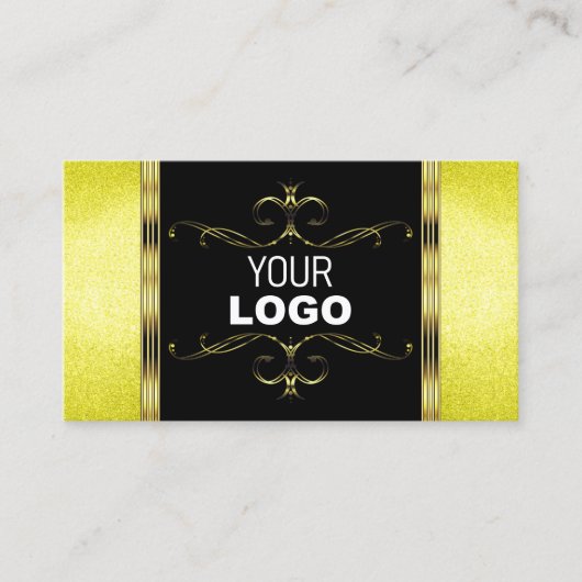 Geel Glitter Golden Ornamenten Black met Logo Visitekaartje (Voorkant)