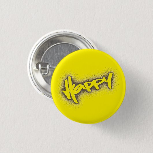 GEEL GLOWENDE HAPPY GRAFFITI RONDE BUTTON 3,2 CM (Voorkant /achterkant)