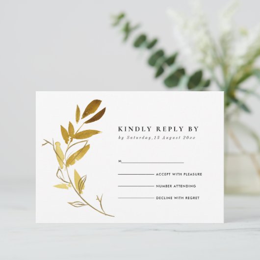 GEEL GOLD FOLIAGE WATERVERF WREATH WEDDING RSVP INFORMATIEKAARTJE (Staand voorkant)