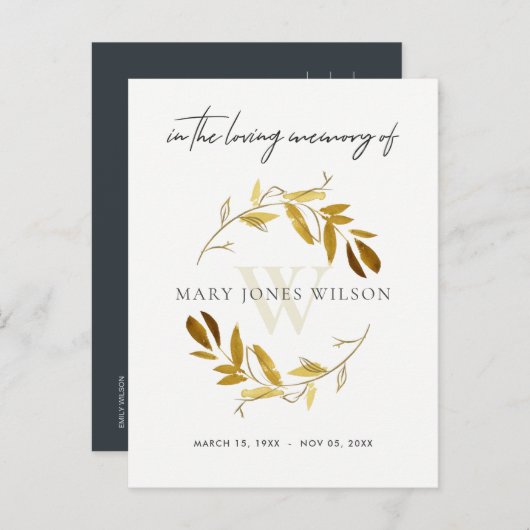 GEEL GOLD FOLIAGE WREATH MEMORIAL DANK U UITNODIGING BRIEFKAART (Voorkant / Achterkant)