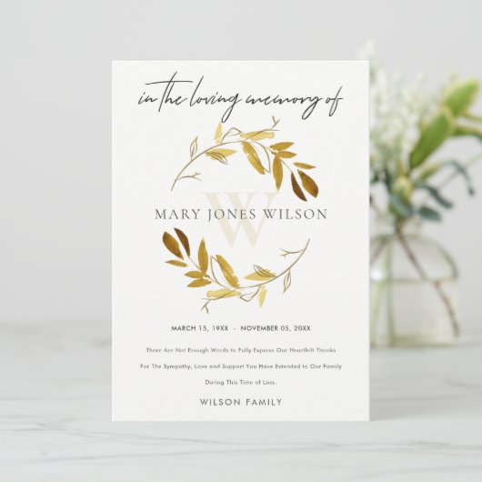 GEEL GOLD OCHRE FOLIAGE WREATH SYMPATHY MEMORIAL BEDANKKAART (Staand voorkant)