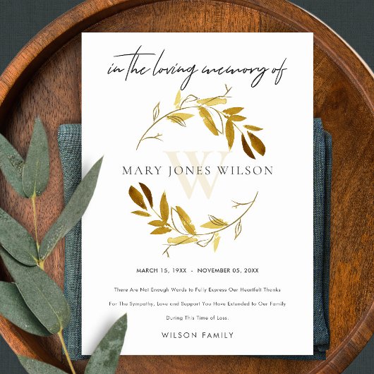GEEL GOLD OCHRE FOLIAGE WREATH SYMPATHY MEMORIAL BEDANKKAART