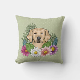 Geel Golden Retriever Kleurrijke Bloemen Groen Kussen