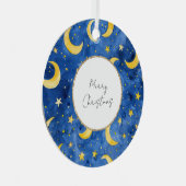 Geel Goud Blauw Sterren Manen Kerstmis Metalen Ornament (Voorkant Rechts)