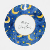 Geel Goud Blauw Sterren Manen Kerstmis Metalen Ornament (Voorkant)