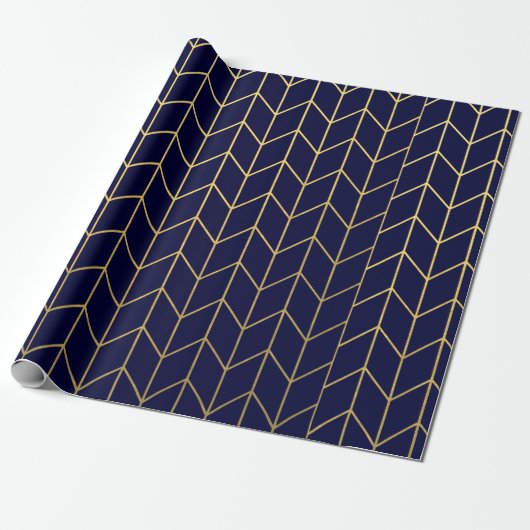 Geel goud Chevron Navy Blue Modern Chic Cadeaupapier (Uitgerold)