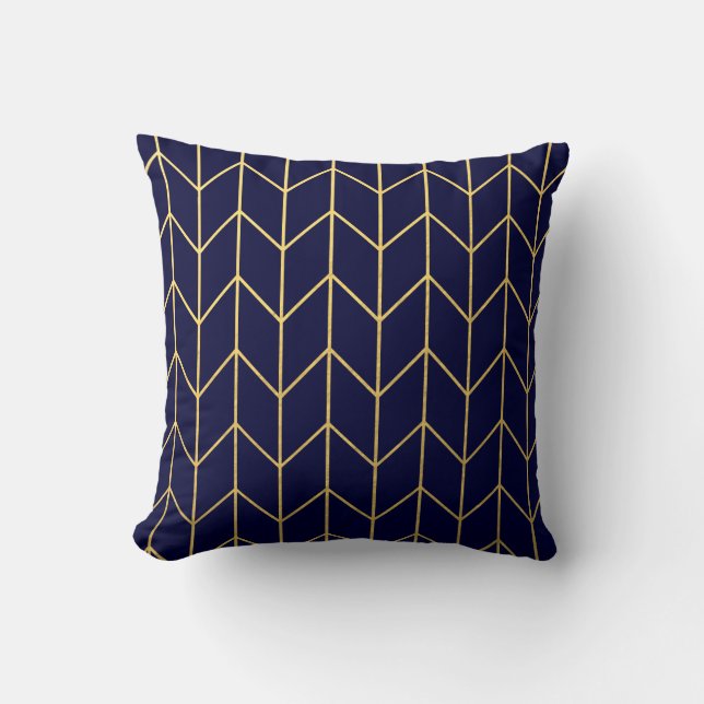 Geel goud Chevron Navy Blue Modern Chic Kussen (Voorkant)