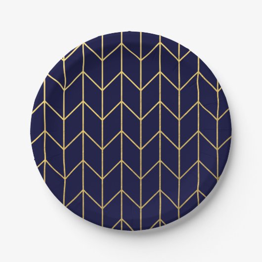 Geel goud Chevron Navy Blue Modern Chic Papieren Bordje (Voorkant)