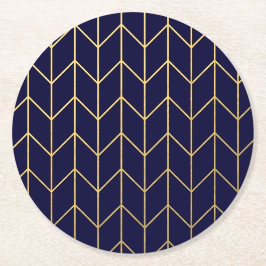 Geel goud Chevron Navy Blue Modern Chic Ronde Kartonnen Onderzetter (Voorkant)
