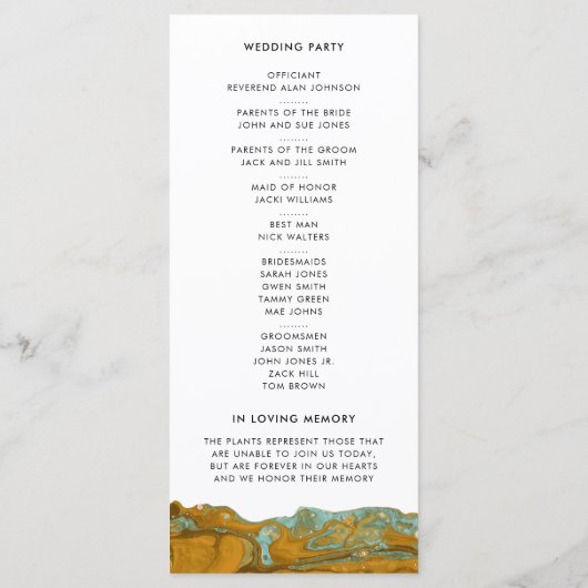 Geel goud- en Aqua Marble Wedding Program Programmakaart (Achterkant)
