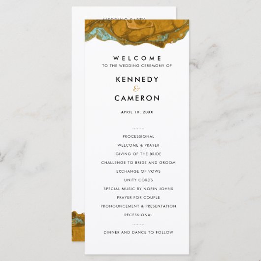 Geel goud- en Aqua Marble Wedding Program Programmakaart (Voorkant / Achterkant)