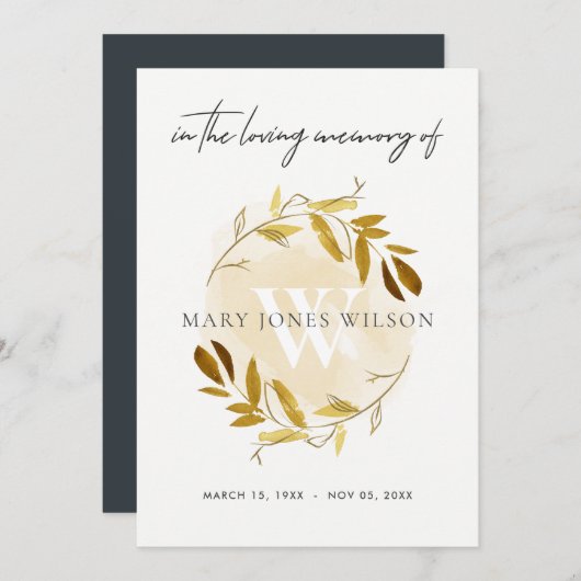 GEEL GOUD FAUNA SYMPATHY MEMORIAL SERVICE INVITE BEDANKKAART (Voorkant / Achterkant)