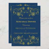 Geel goud Filigree Atlantic Blu Rehearsal Dinner Kaart (Voorkant / Achterkant)