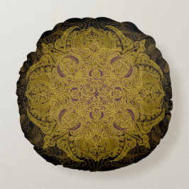 Geel goud Filigree Mehndi Mandala op zwart Rond Kussen