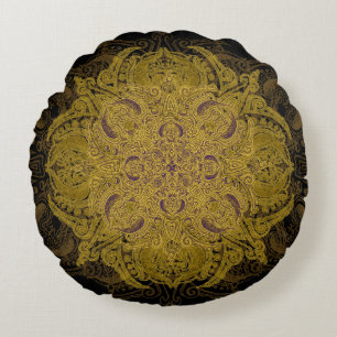 Geel goud Filigree Mehndi Mandala op zwart Rond Kussen