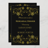 Geel goud Filigree op Black Rehearsal Dinner Kaart (Voorkant / Achterkant)