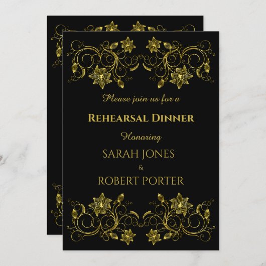 Geel goud Filigree op Black Rehearsal Dinner Kaart (Voorkant / Achterkant)