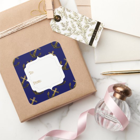 Geel Goud glinstert Anker | Navy blauwe Cadeaubijs Vierkante Sticker (Geschenken)
