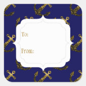 Geel Goud glinstert Anker | Navy blauwe Cadeaubijs Vierkante Sticker (Voorkant)