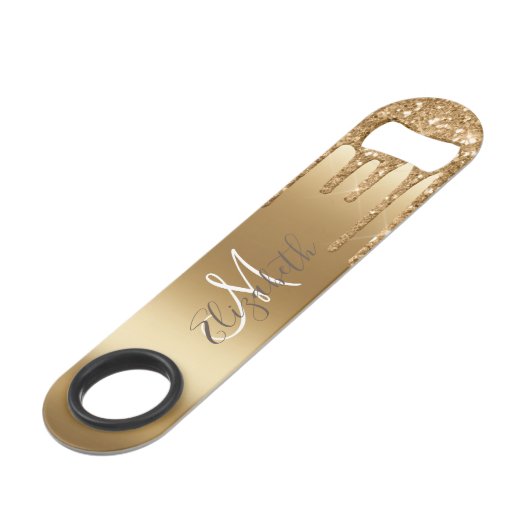 Geel Goud Glitter Look Drips Monogram Stijlvol Speed Flessenopener (Voorkant Gekanteld)