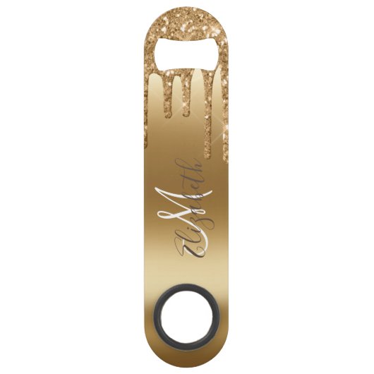 Geel Goud Glitter Look Drips Monogram Stijlvol Speed Flessenopener (Voorkant)