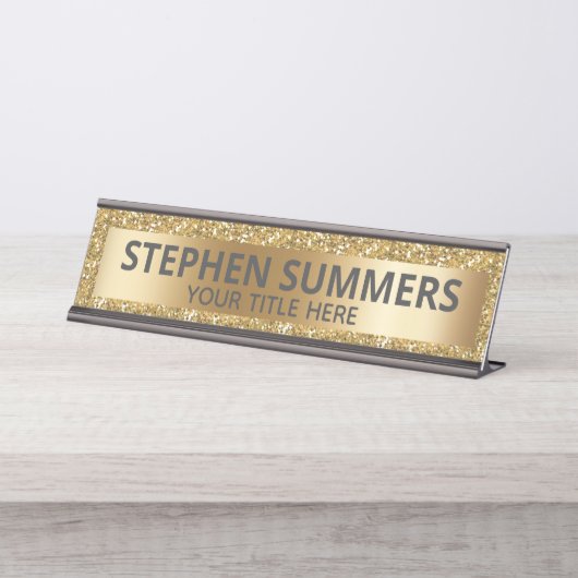 Geel Goud Glitter Sparkle Glam Custom Bureau Naambordje (Voorkant)