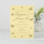 Geel & Goud Glitter Vlinder Sweet 16 Feest Kaart (Staand voorkant)